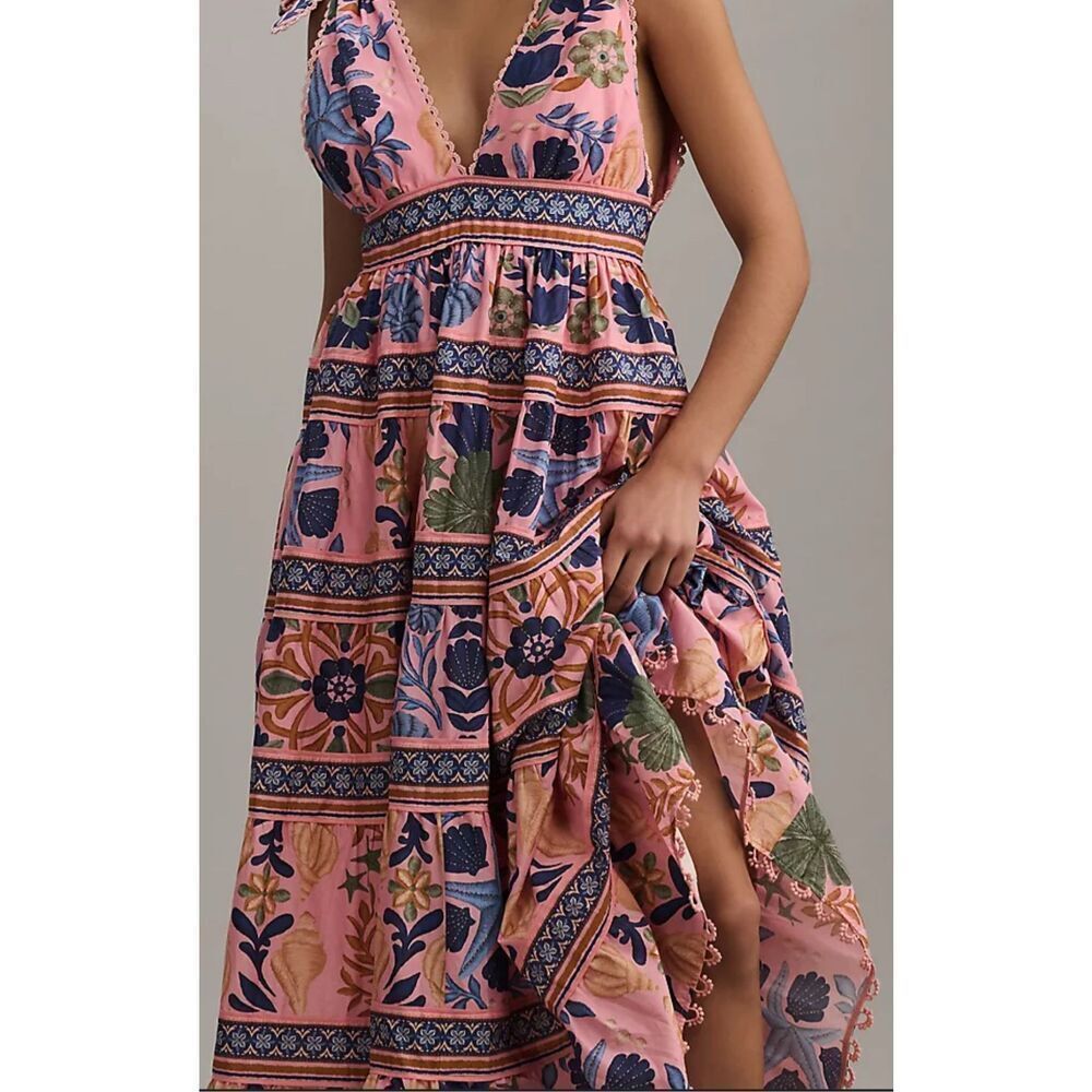 NWT Farm Rio SEASHELL tiered PINK MIDI DRESS, XXS $275
